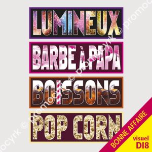 panneaux vente de barbe a papa, boissons pop corn pour un stand