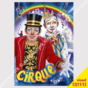 petite affiche de cirque avec jolis clowns et arc en ciel fond bleu