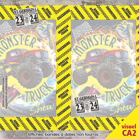 affichage pour un spectacle de monster truck avec du papier de fond autour des affiches pour les mettre en valeur