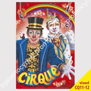 affiche de cirque avec jolis clowns et un arc en ciel