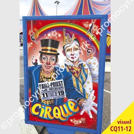 affichage dune affiche pour un spectacle de cirque avec deux clowns tres jolis