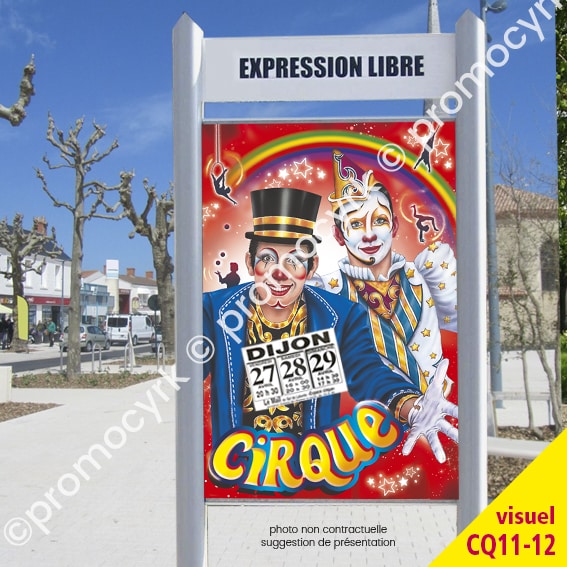 affichage en ville dune affiche pour un spectacle de cirque avec des clowns et des acrobates